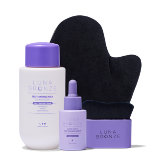 Luna Bronze self-tanning products including a bottle, dropper, and mitt on a white background